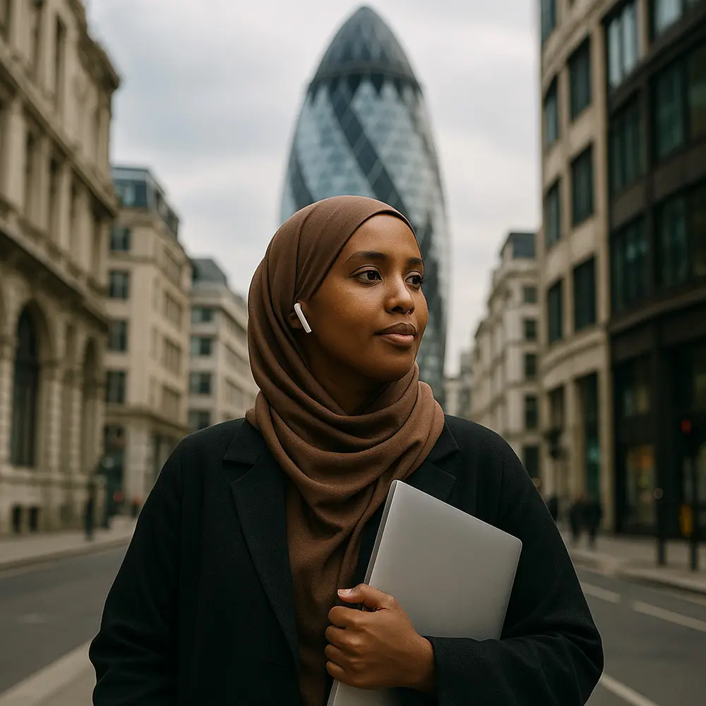 Young woman student holding laptop stood infront of the Gherkin building in London